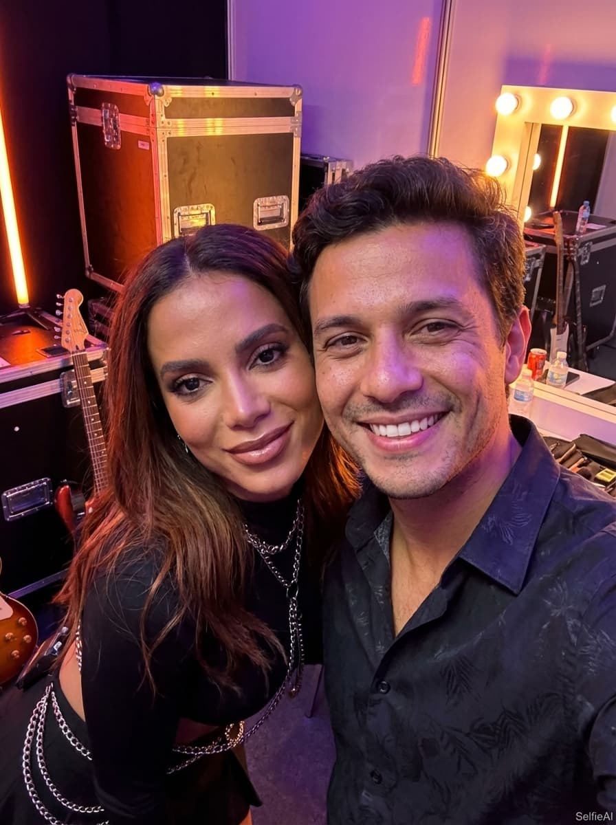 Selfie gerada por IA com Anitta no cenário Backstage de Show