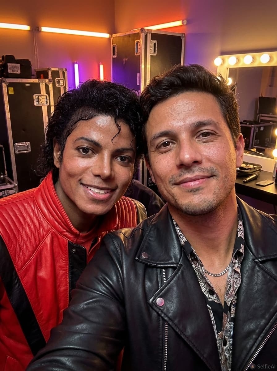 Selfie gerada por IA com Michael Jackson no cenário Backstage de Show