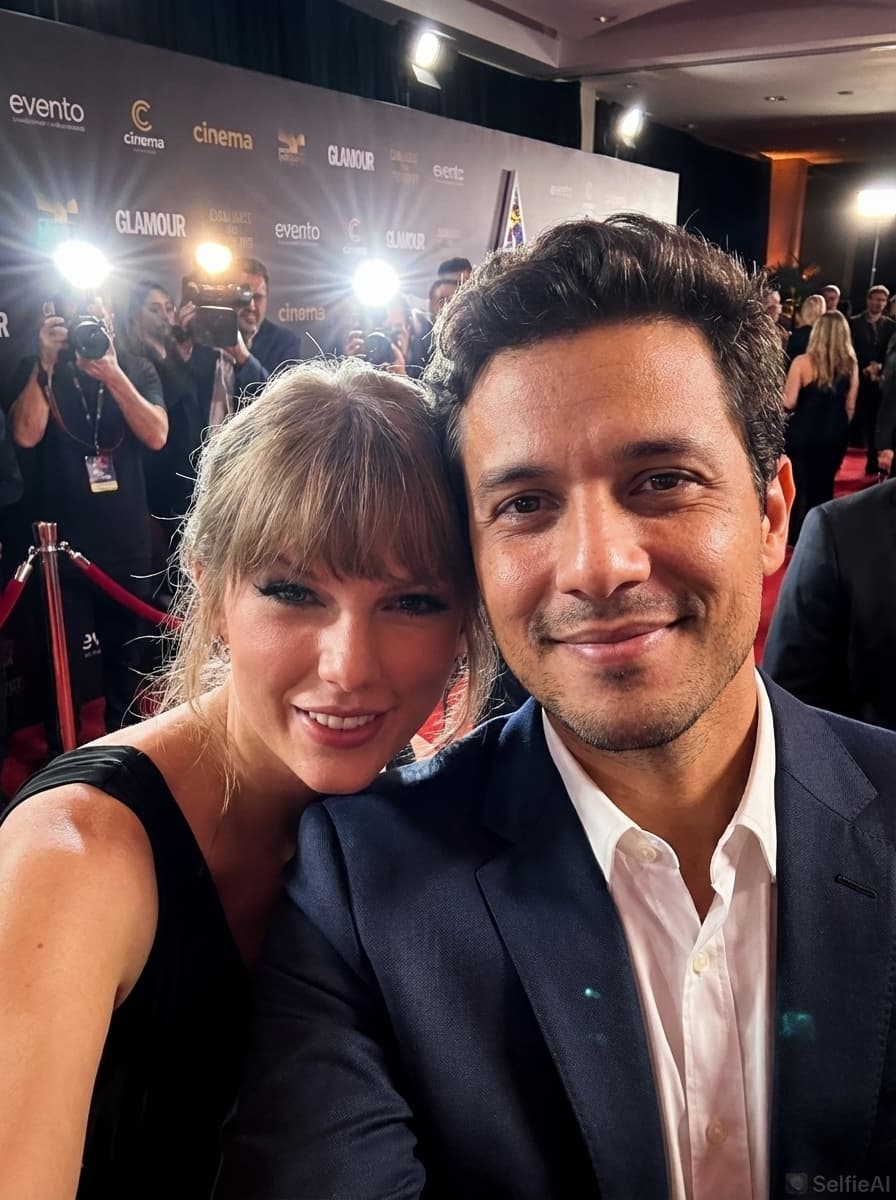 Selfie gerada por IA com Taylor Swift no cenário Tapete Vermelho